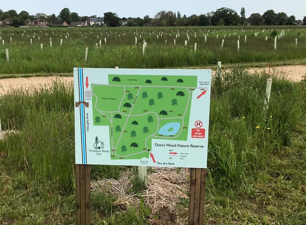 The map sign at the entrance to Dion's Wood Nature Reserve