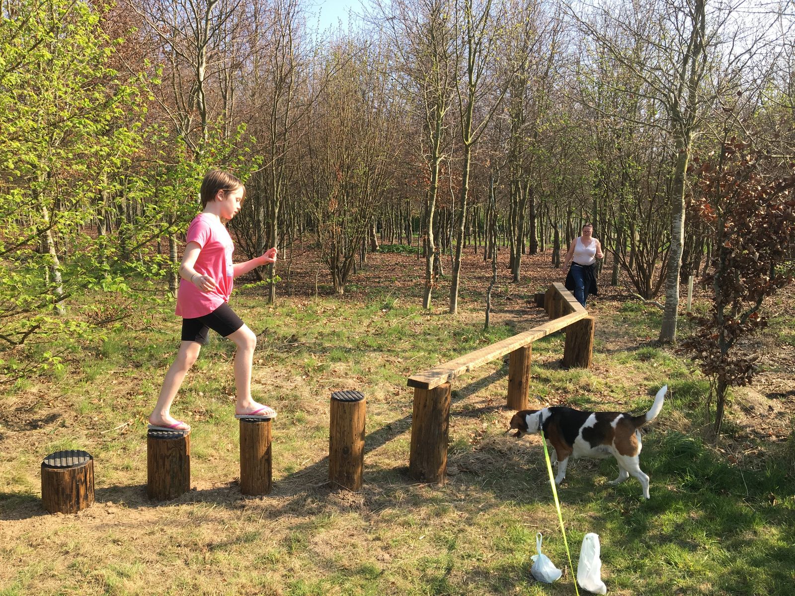 A child on a log play trail with a dog