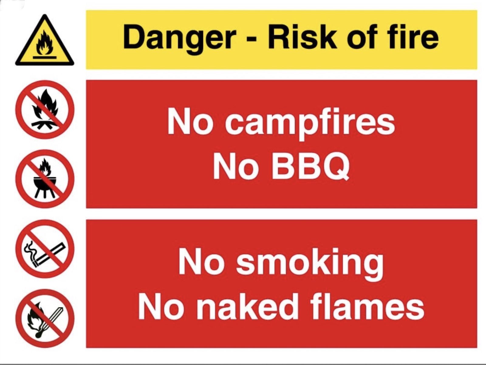 Warning sign: no campfires, no BBQ, no smoking, no naked flames