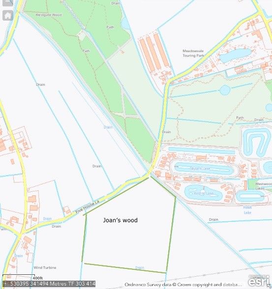 Map showing Joan's Wood beside Westgate Wood and Five House Lane