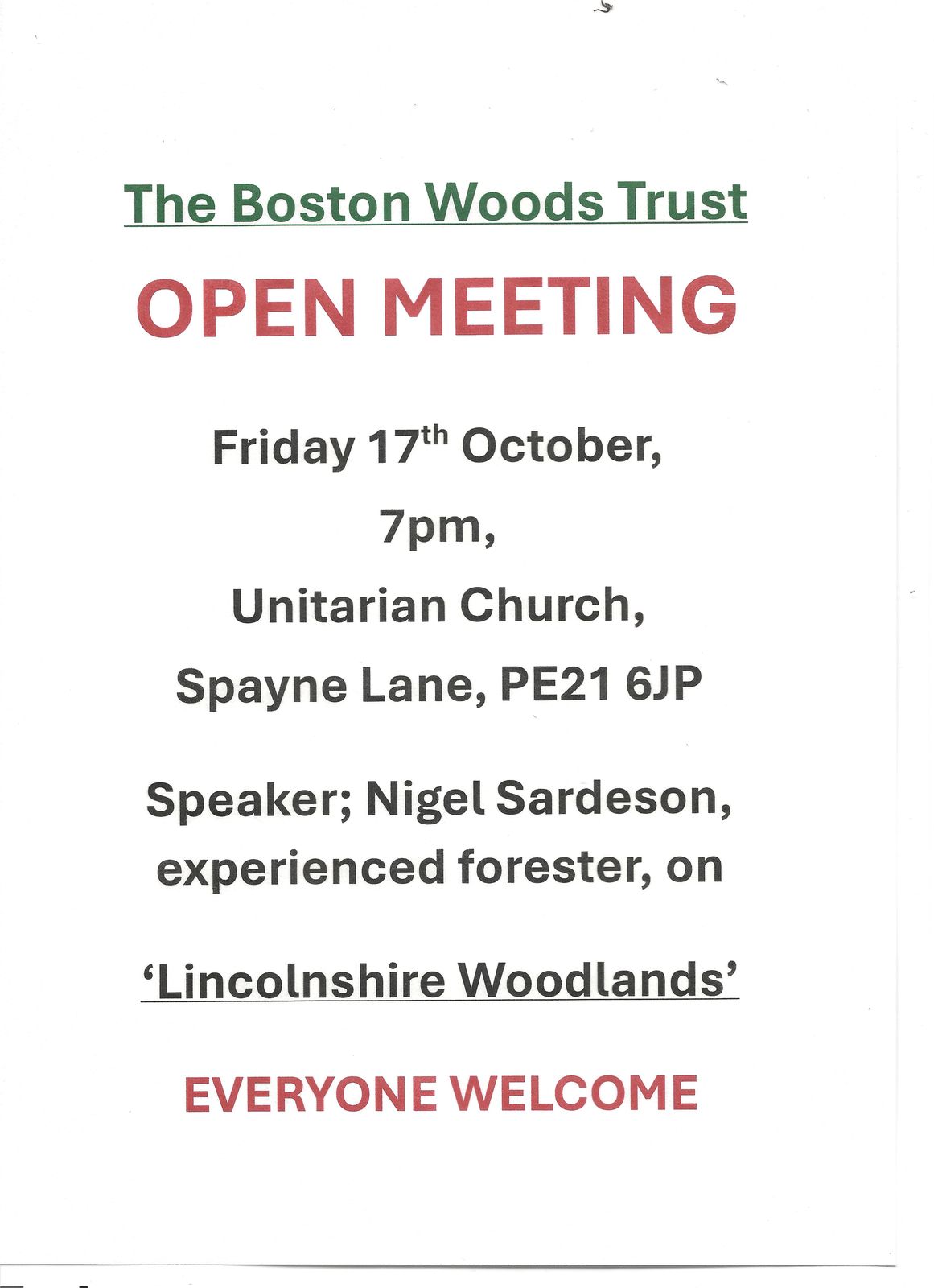 Poster for the Boston Woods Trust open meeting