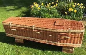A wicker coffin among spring flowers